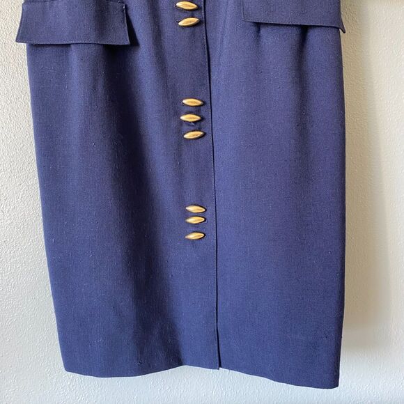 Vintage 80's Leslie Faye Navy Brass Button Midi Sheath Nautical Dress Women's 8P - Picture 3 of 12